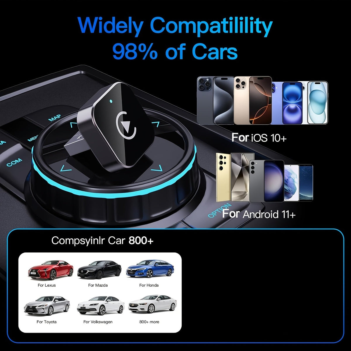 Wireless CarPlay Adapter 2-in-1 – Wired to Wireless CarPlay & Android Auto, Mini USB + Type-C, Fast Stable Connection | iOS 10+ & Android 11+