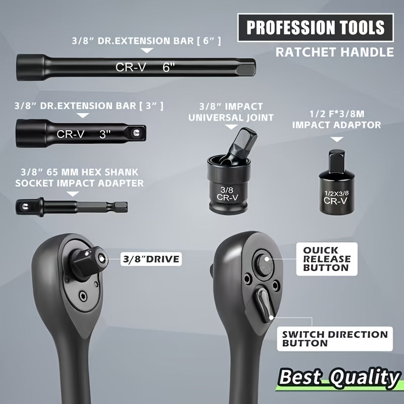 3/8 Inch Drive Impact Socket Set Metric 8-22mm SAE 5/16-3/4 in, 6-Point Cr-V, with Ratchet Handle Adapter & Storage Box, 15/50/92pcs Options