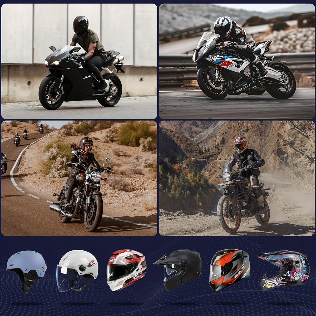 Motorcycle Helmet Headset 1000mAh Wireless Intercom Hands-Free Calls Music Voice Control Noise Cancelling HD Speakers Long Battery Life for Riders Black