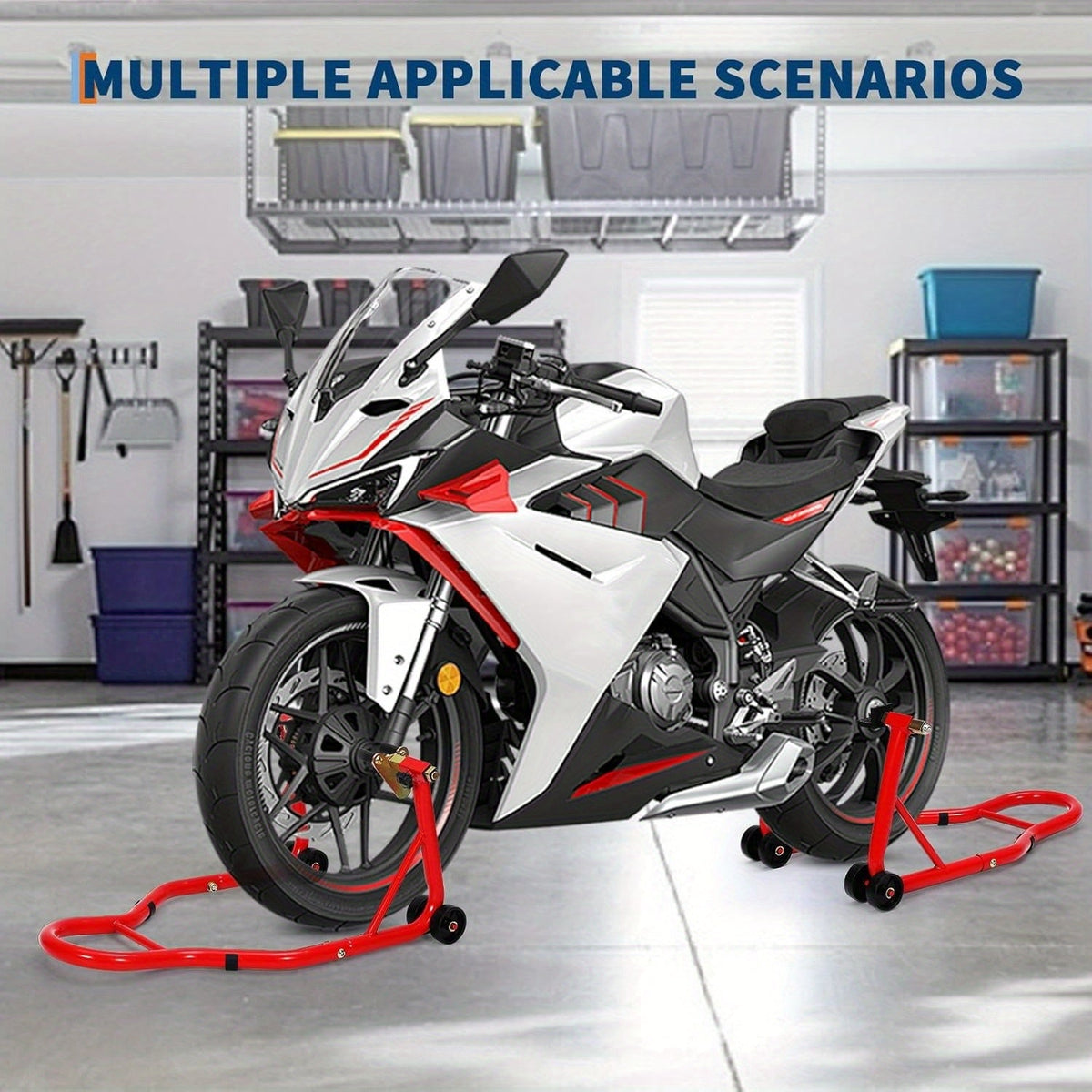 Motorcycle Paddock Stand Front & Rear Combo 900 Lbs - Universal Lift Stands for Yamaha Honda Suzuki BMW Kawasaki, Heavy Duty Steel, Black Red Yellow
