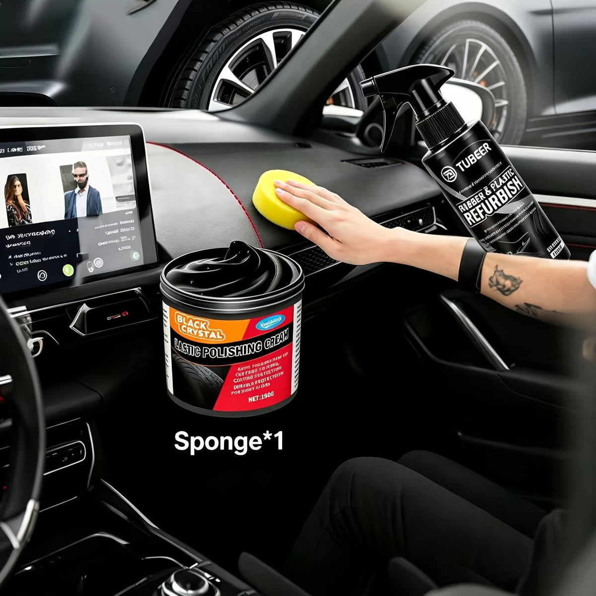 Car Plastic Restorer & Interior Shine Kit | Tire Dressing, Discoloration Fix & Plastic Renewal Cream – 150g with Applicator Sponge
