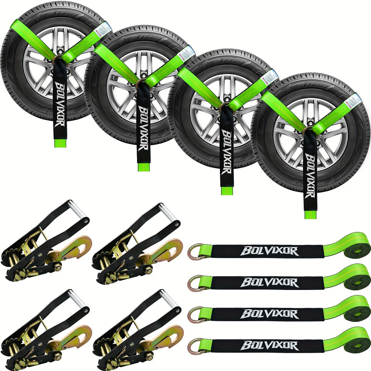 Ratchet Tie Down Straps 4-Pack – 9900 LB Break Strength, 2"x96" Wheel Straps with Snap Hooks for UTV, SUV, Truck & Trailer Transport