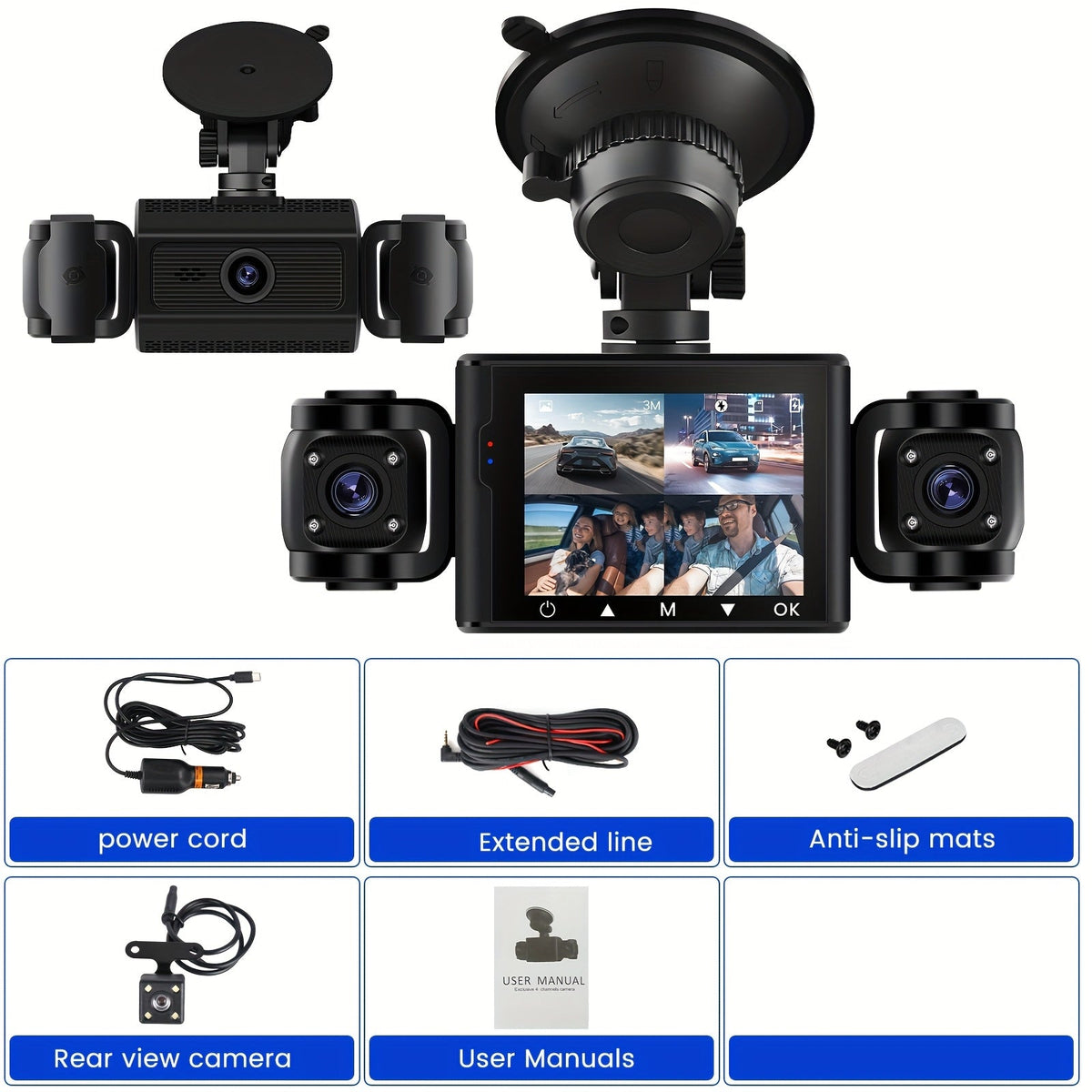 4-Channel Dash Cam 1080P Front + 480P Side Rear Camera, 2.4" Screen, Night Vision, Motion Detection, Wide Dynamic Range, Optional 64GB Card