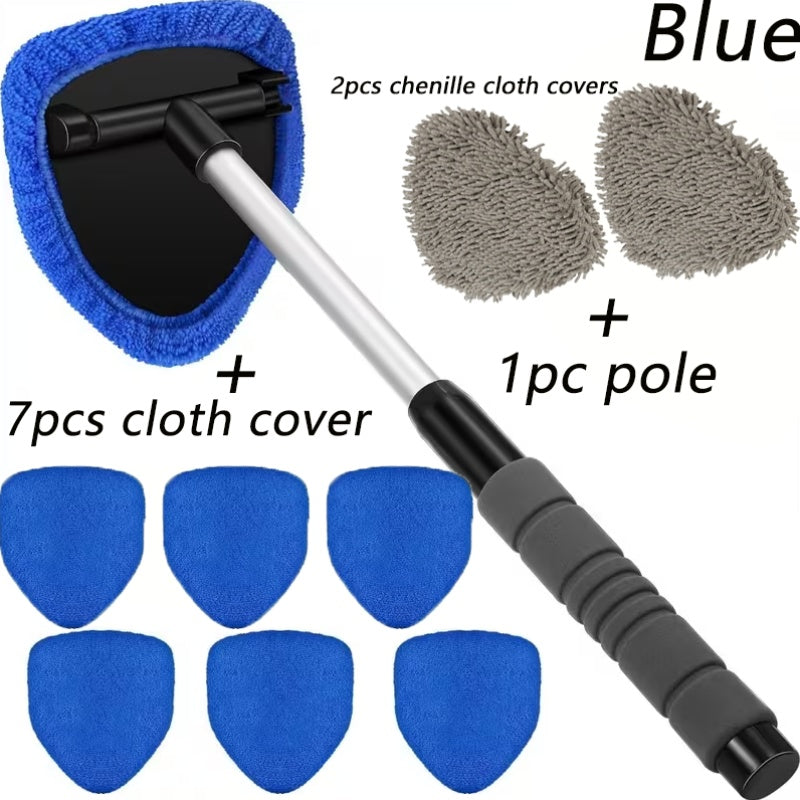 Car Windshield Cleaning Kit 10pc – Telescoping Handle, Microfiber & Chenille Covers for Interior & Exterior Glass