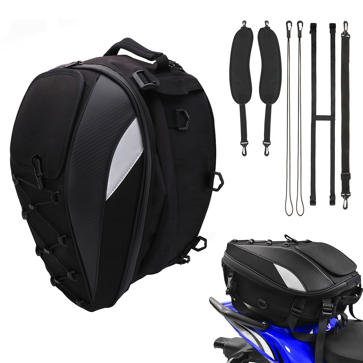 Motorcycle Rear Bag & Helmet Backpack – 5.81–10.04 Gal Faux Leather Tail Bag with Reflective Straps for Street & Off-Road Bikes