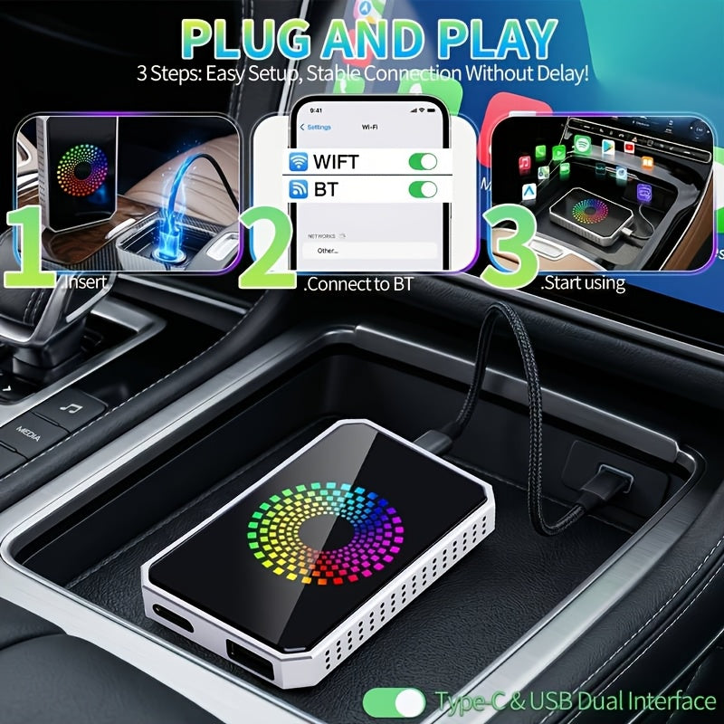 Wireless CarPlay Adapter – 3-in-1 AI Box with Netflix, YouTube & Android Auto | USB Dongle for OEM Wired CarPlay | iPhone 10+ & 2018+ Cars