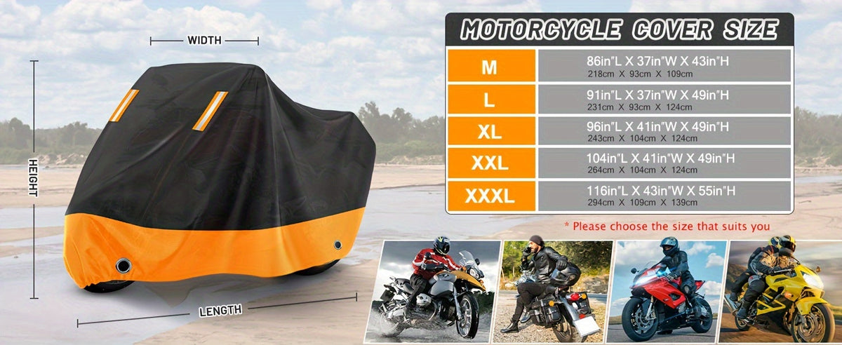 Motorcycle Cover Waterproof 210D Oxford Cloth - All-Weather UV & Dust Protection, Reflective Strips, Fits Harley Honda Suzuki & More, Black Orange, M XL XXL XXXL
