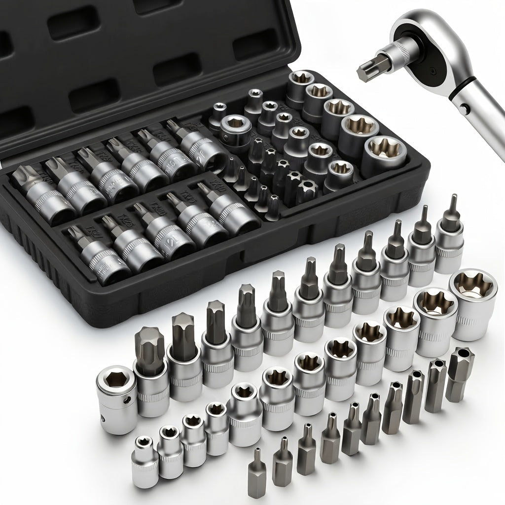 Torx Star Bit Socket Set 34/46-Piece – 3/8" Drive, CR-V & S2 Steel, E4–20 & T10–60, Tamper-Proof TT10–TT55, Adapter & Storage Case | Car & Home Use