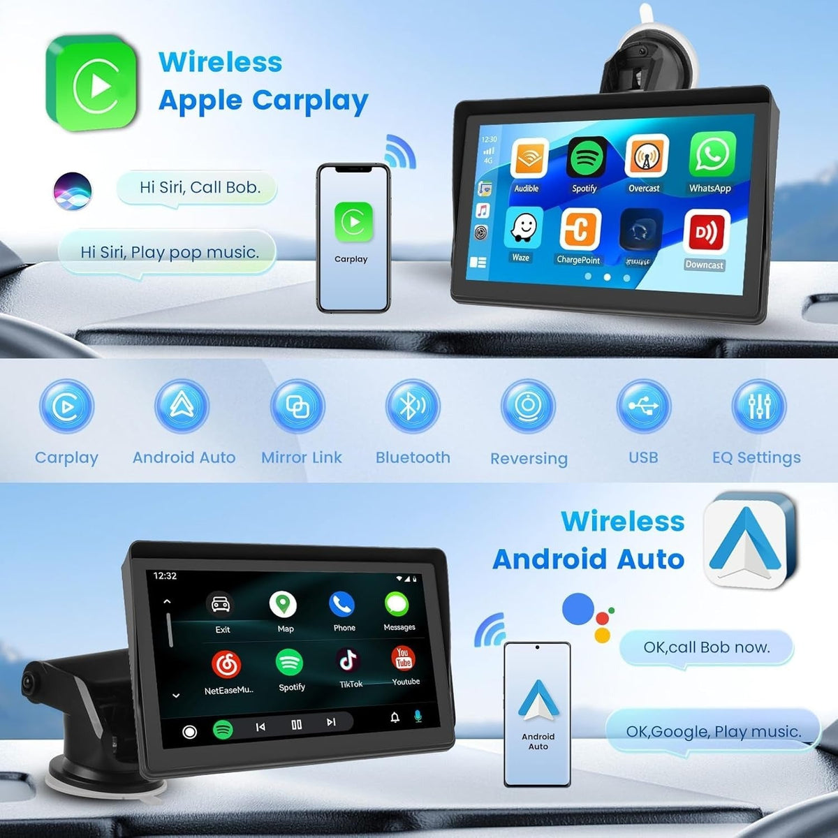 Car Stereo Touchscreen with CarPlay & Android Auto – Wireless GPS Navigation, Backup Camera, FM Radio, Mirror Link | 7", 9", 10.26" Screen Options