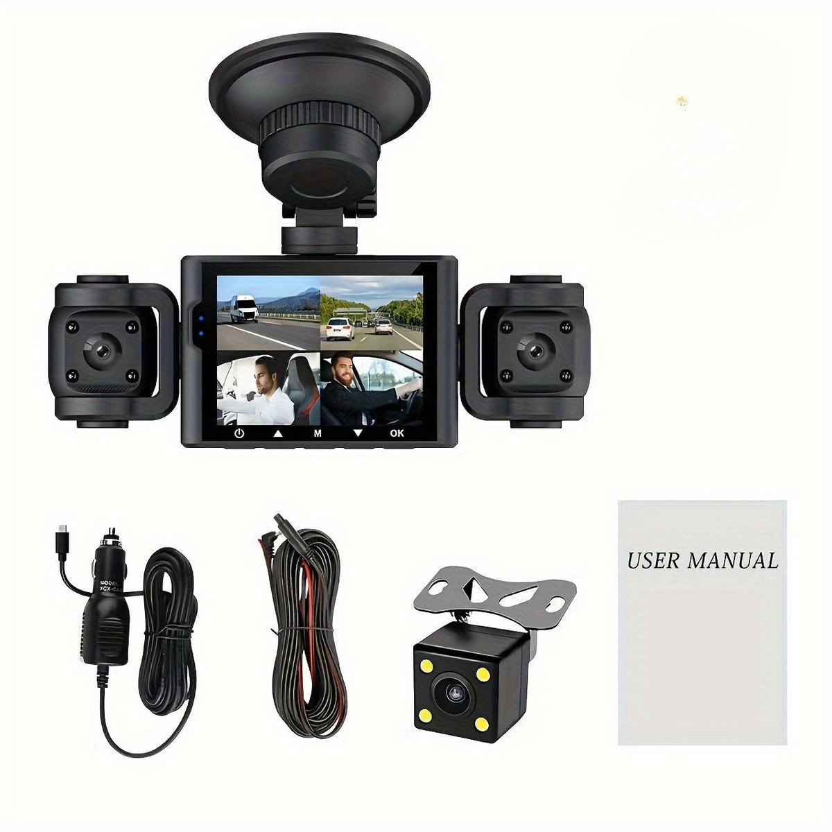 4-Channel Dash Cam 1080P Front + 480P Side Rear Camera, 2.4" Screen, Night Vision, Motion Detection, Wide Dynamic Range, Optional 64GB Card