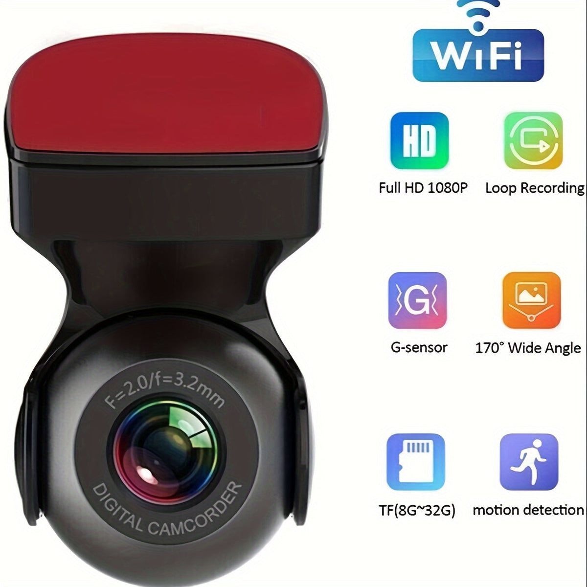 170° Wide Angle WiFi Dash Cam, 1080P HD DVR, G-Sensor, Loop Recording — Optional 32G/64G Card