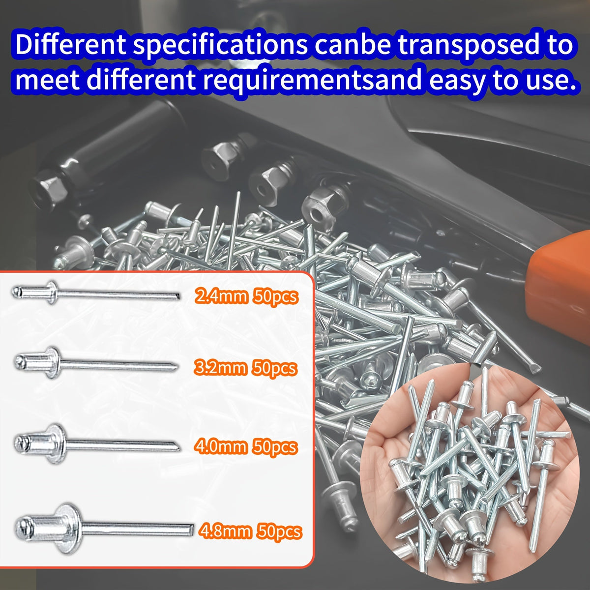 Hand Riveter Gun Kit 4-in-1, 201Pcs with 200 Pop Rivets, 4 Interchangeable Nosepieces 3/32 1/8 5/32 3/16, Heavy Duty Metal Rivet Tool for Automotive Sheet Metal Repair
