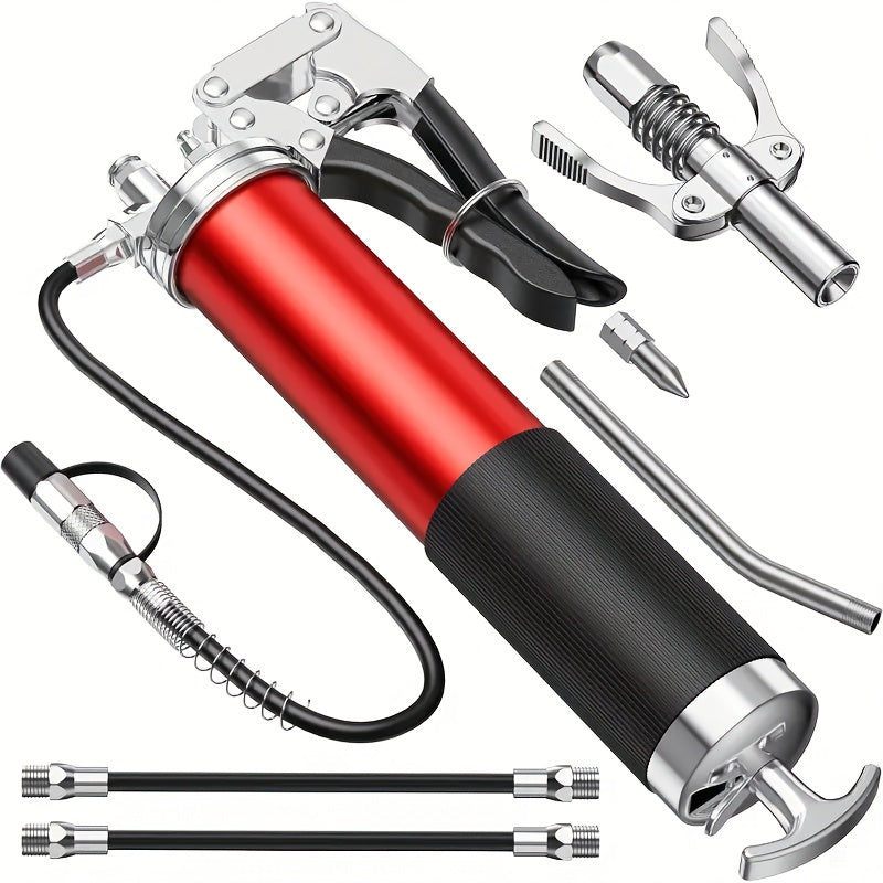 8000 PSI Heavy Duty Grease Gun Kit – Pistol Grip with Quick Coupler, Spring Flex Hose, 14oz Cartridge, Rigid Pipe & Sharp Nozzle for Automotive & Industrial Use