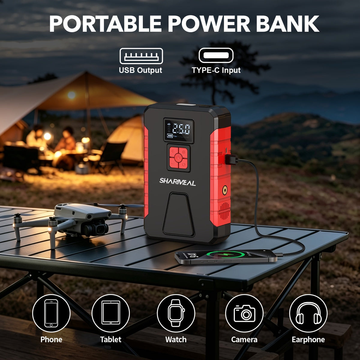 Portable Jump Starter with Air Compressor, 15000A-21000A Peak 350PSI 12V 17-in-1, Car Battery Charger with LED Light, for Cars Trucks SUVs