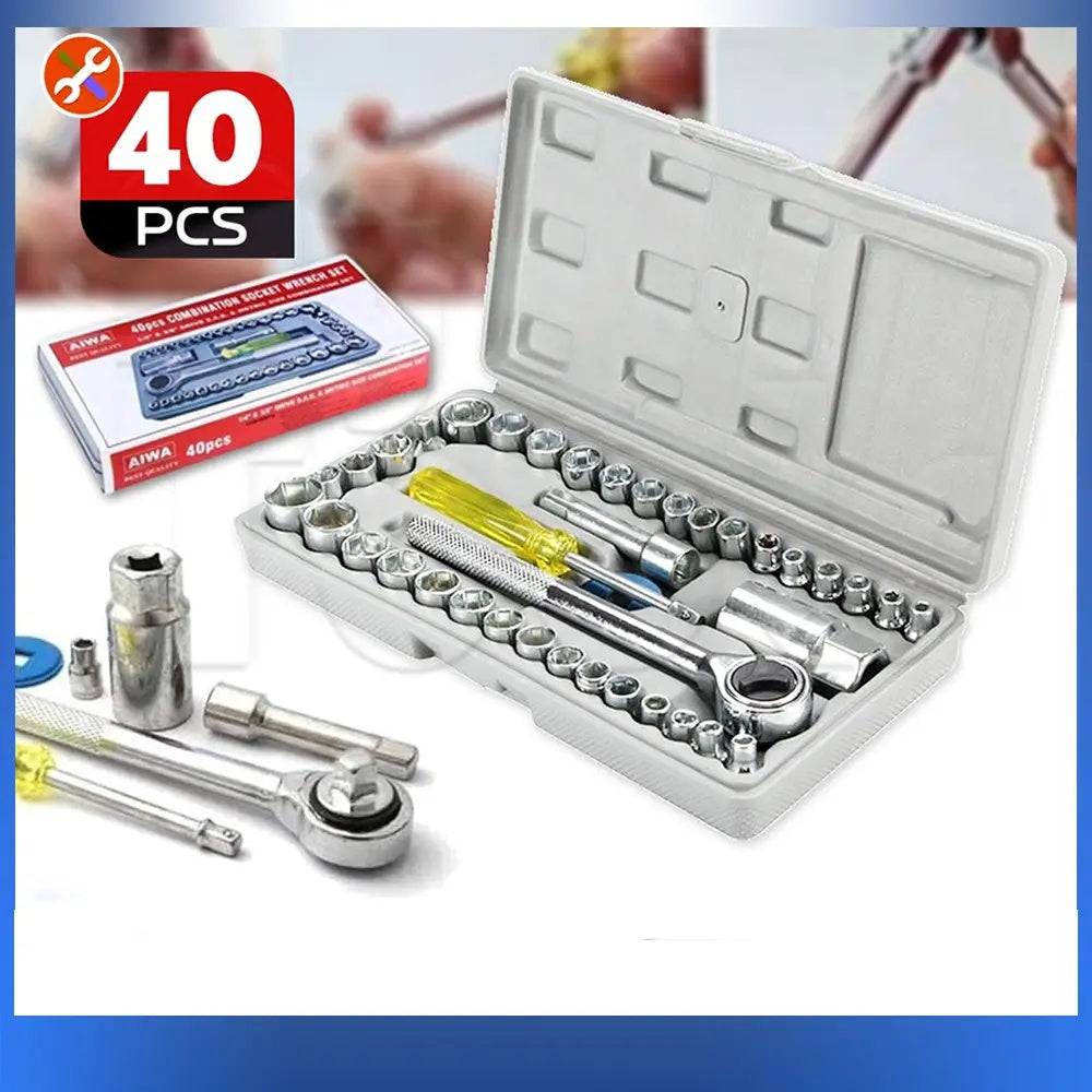 Socket Wrench Set 40-Piece Professional Hand Tool Kit with Ratchet Drive & Extension Bars for Car Repair, Home & DIY