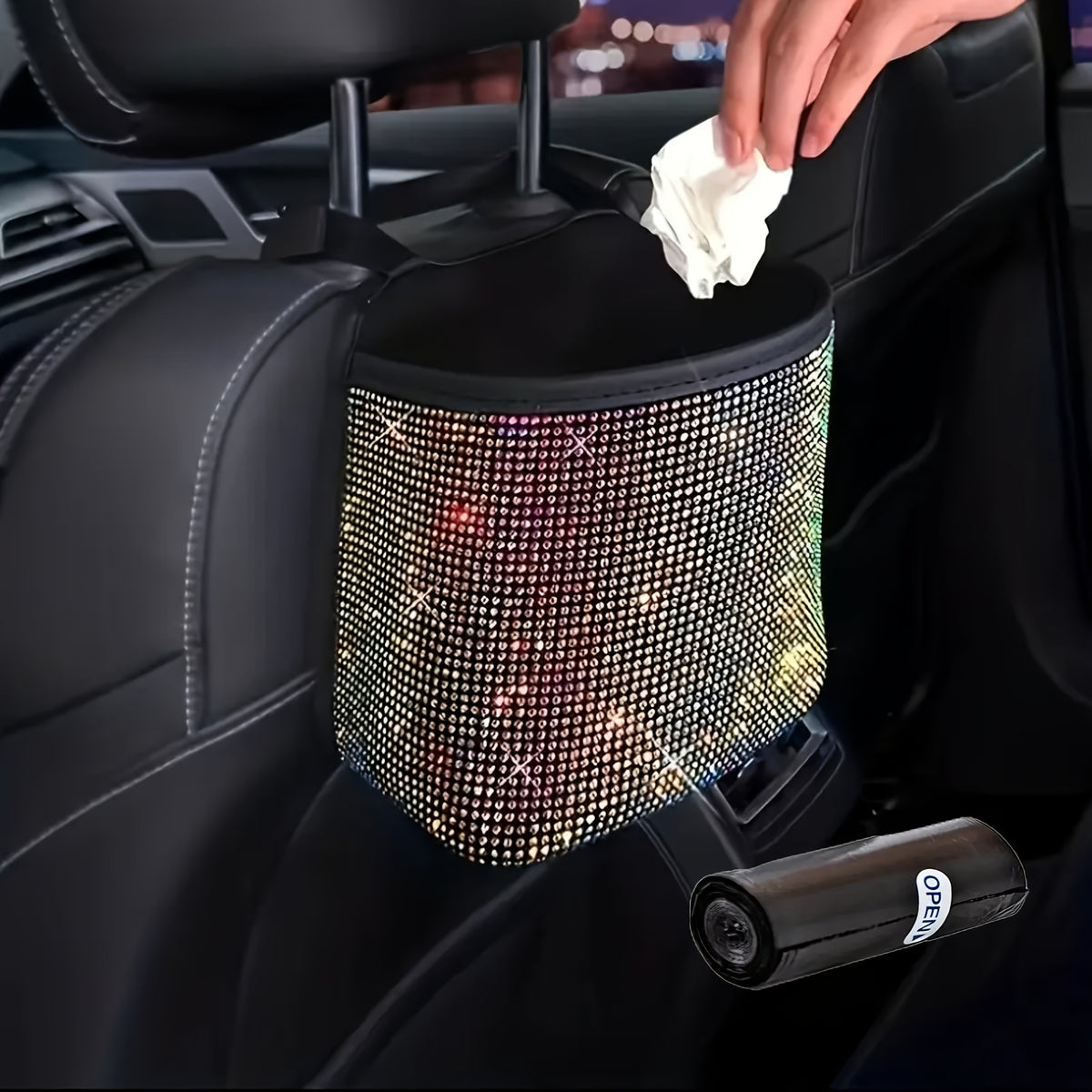 Bling Car Trash Can with Rhinestones Hanging Seat Back Organizer Sparkling Glam Car Interior Accessory with Trash Bag for Car SUV Minivan Truck Gift for Women