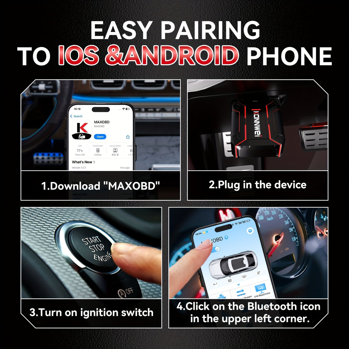 MAXOBD Bluetooth 5.2 OBD2 Scanner Full System Diagnostic Tool, 41+ Data Streams Live Data Read/Clear Codes, for iOS & Android, 1996+ Vehicles
