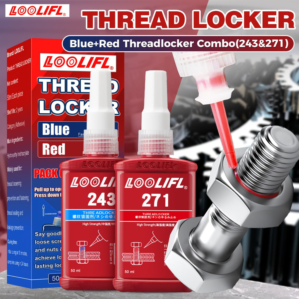 Threadlocker Adhesive 243 & 271 – Anaerobic Screw Locking Glue, Medium & High Strength, Heat-Resistant Anti-Loosening Sealant for Metal Bolts & Fasteners