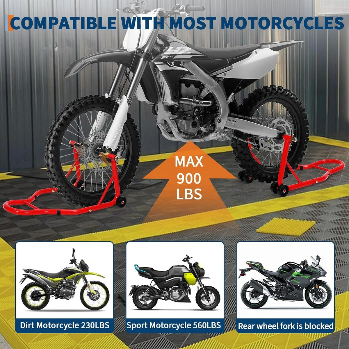 Motorcycle Paddock Stand Front & Rear Combo 900 Lbs - Universal Lift Stands for Yamaha Honda Suzuki BMW Kawasaki, Heavy Duty Steel, Black Red Yellow