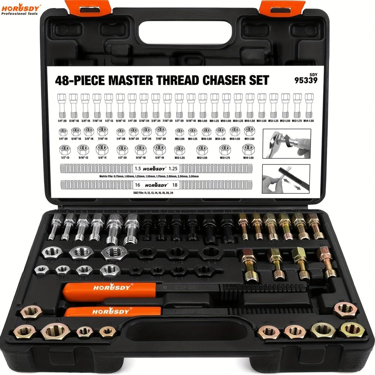 48-Piece Thread Chaser & Rethreading Repair Kit – SAE (UNF/UNC) & Metric Taps, Dies & Files, Color-Coded, with Protective Case