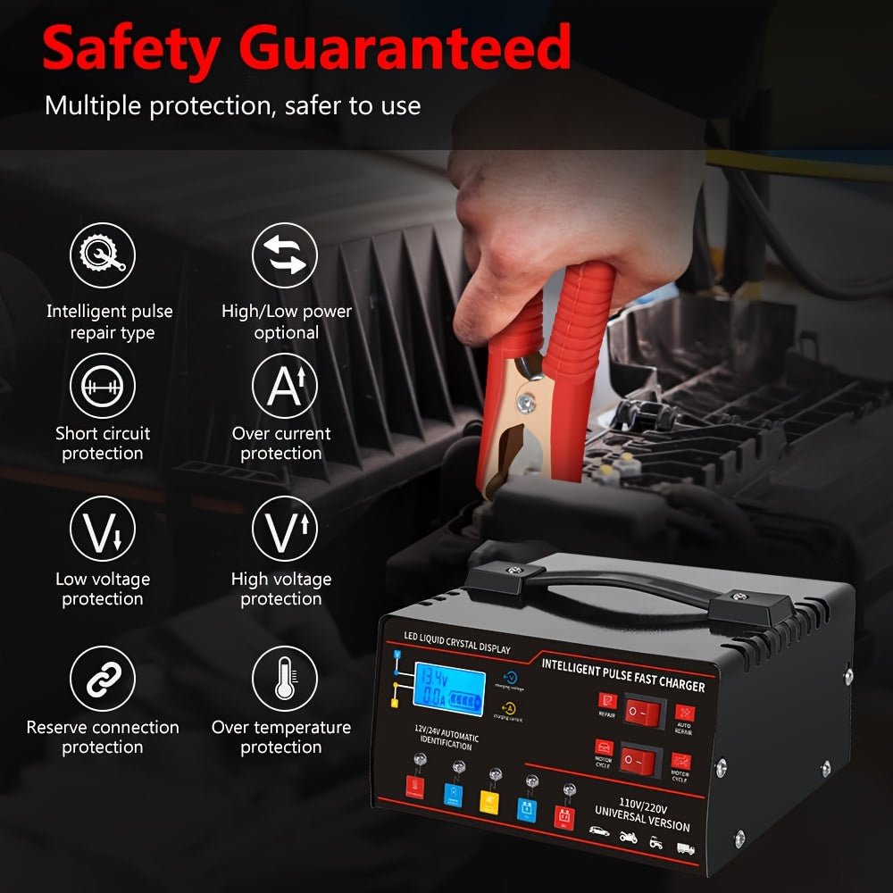 12V/24V Smart Universal Battery Charger – LCD Screen, Pulse Repair, Trickle Maintainer & Temperature Regulation for Car, Truck, Motorcycle, Boat & Lawn Mower Lead Acid Batteries