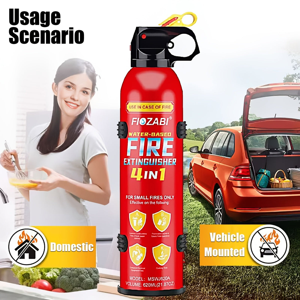 Fire Extinguisher Spray 4-in-1 | Car, Home, Kitchen & Garage | Electric & Textile Fires | Non-Toxic Formula, Easy Clean, Wall Mount Included