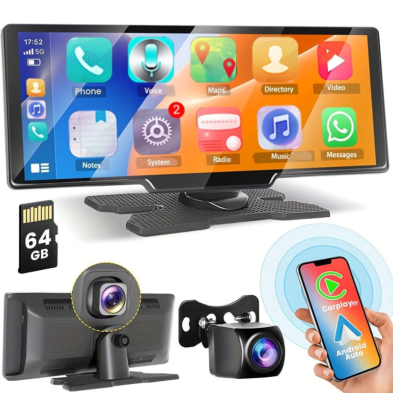Portable Car Stereo with Wireless CarPlay & Android Auto, 10.26 Inch 1080P Touchscreen Car Radio Receiver with Voice Control, FM Transmitter, Backup Camera Support & Handsfree Calling for All Vehicles