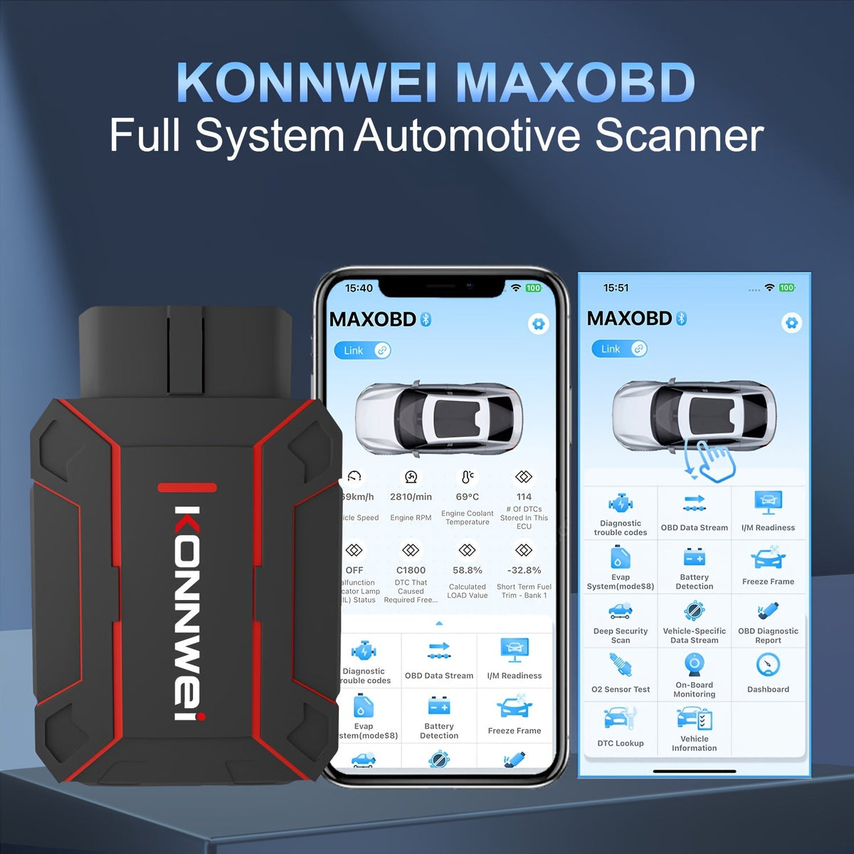 MAXOBD Bluetooth 5.2 OBD2 Scanner Full System Diagnostic Tool, 41+ Data Streams Live Data Read/Clear Codes, for iOS & Android, 1996+ Vehicles