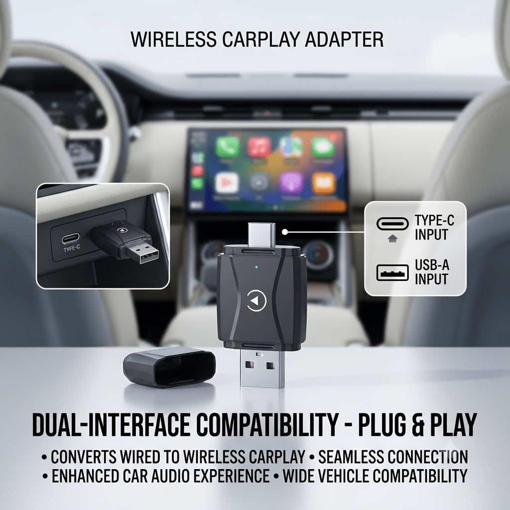 Wireless CarPlay Adapter 2-in-1 – Wired to Wireless CarPlay & Android Auto, Mini USB + Type-C, Fast Stable Connection | iOS 10+ & Android 11+
