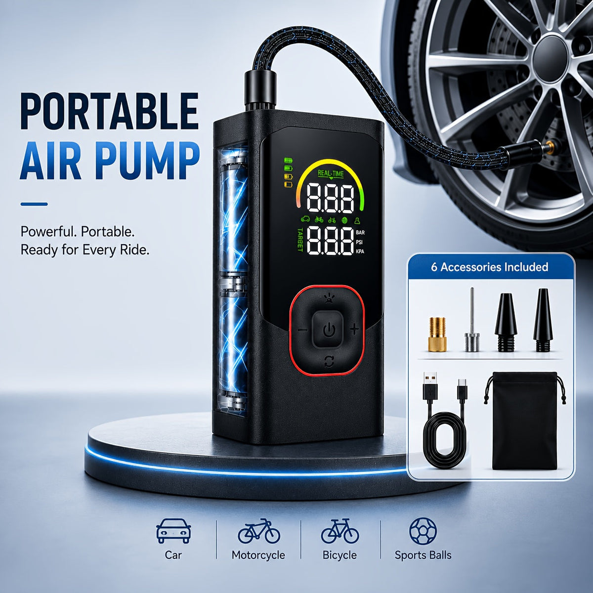 Portable Cordless Tire Inflator – 150PSI Fast Inflation Air Compressor with Digital Gauge, LED Light & Auto Shut-Off for Cars, SUVs, Motorcycles & Bikes