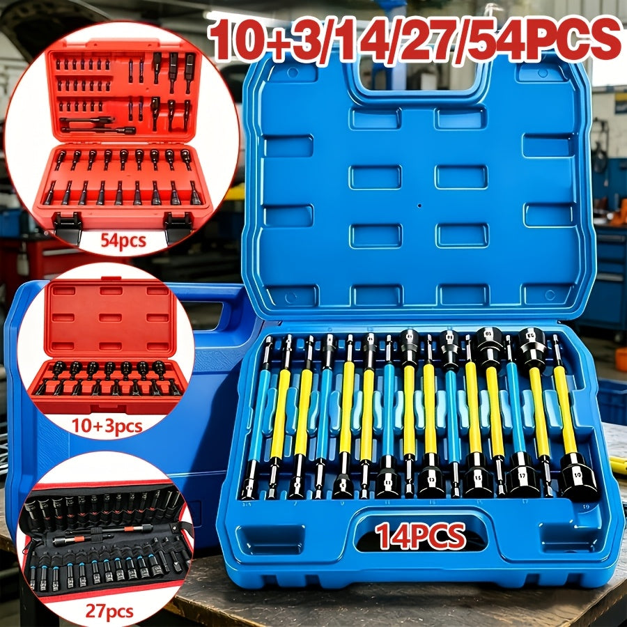 Magnetic Socket & Screwdriver Set 10-54pcs, 1/4" Hex Shank Impact Driver Bits, Chrome Vanadium Steel, SAE & Metric Nut Driver Drill Bit Kit — Canvas Bag or Red Box