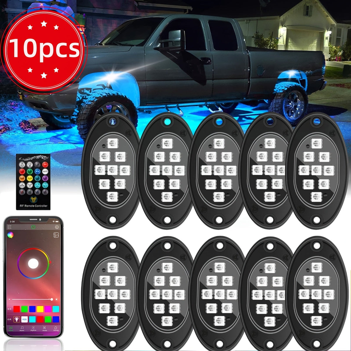 RGB LED Rock Lights Kit – App & Remote Control, Music Sync, 16M Colors for Truck ATV UTV SUV Off-Road Motorcycle, 4 or 10pcs