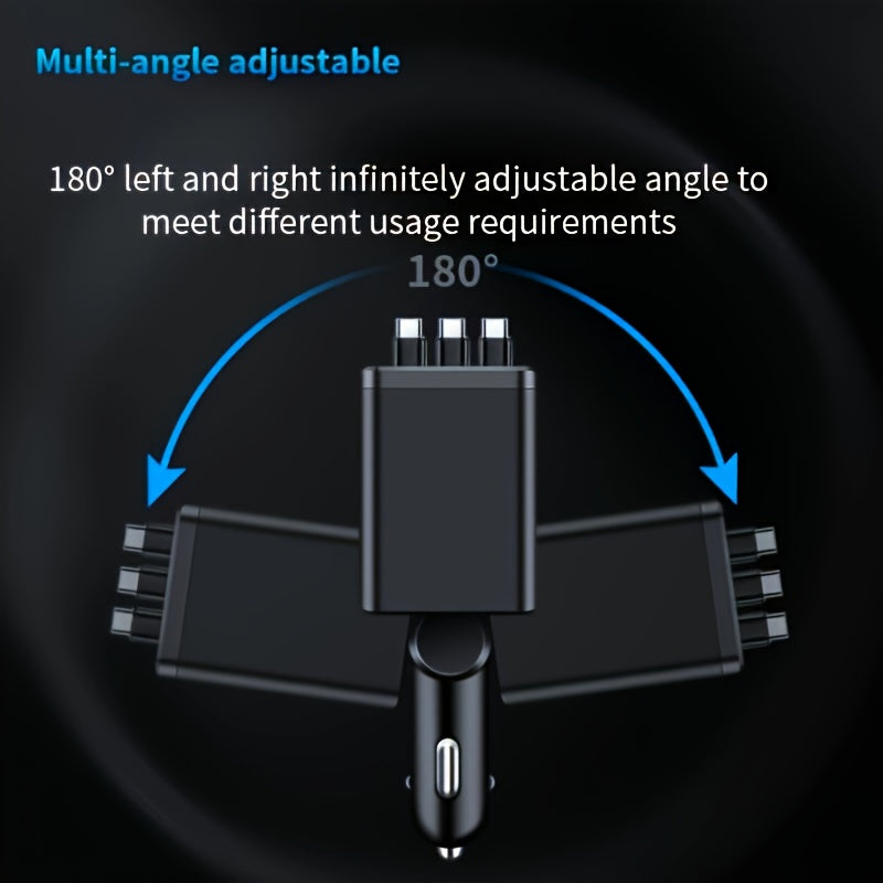 7-in-1 Car Fast Charger – 3 Retractable Cables, LED Digital Display, 180° Adjustable, USB Fast Charging for iPhone, Android & Type-C