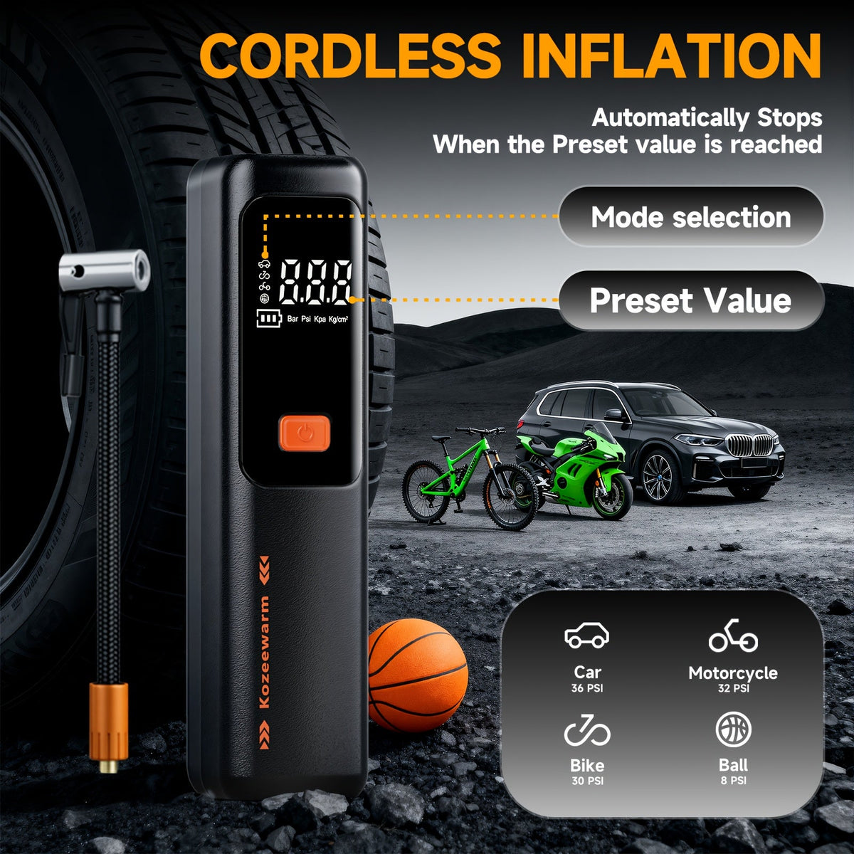 Cordless Portable Tire Inflator Air Compressor Digital Gauge USB Rechargeable 3X Fast Inflation for Car SUV Bike Motorcycle Sports Ball Black Pink Blue Orange