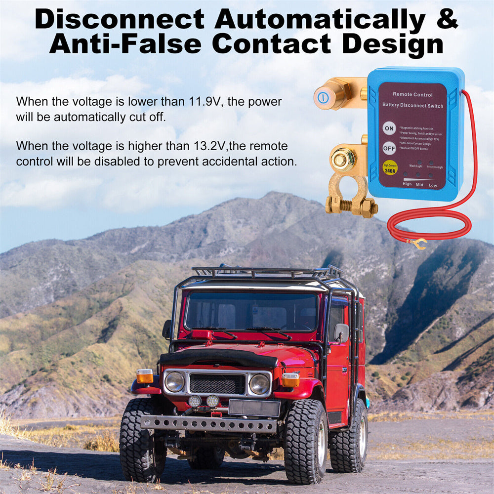 Remote Battery Disconnect Kill Switch 12V/24V 240A – Auto Cutoff at 11.8V, 433MHz Remote, Magnetic Latching, for Car, Truck, RV, ATV, Boat & Motorcycle