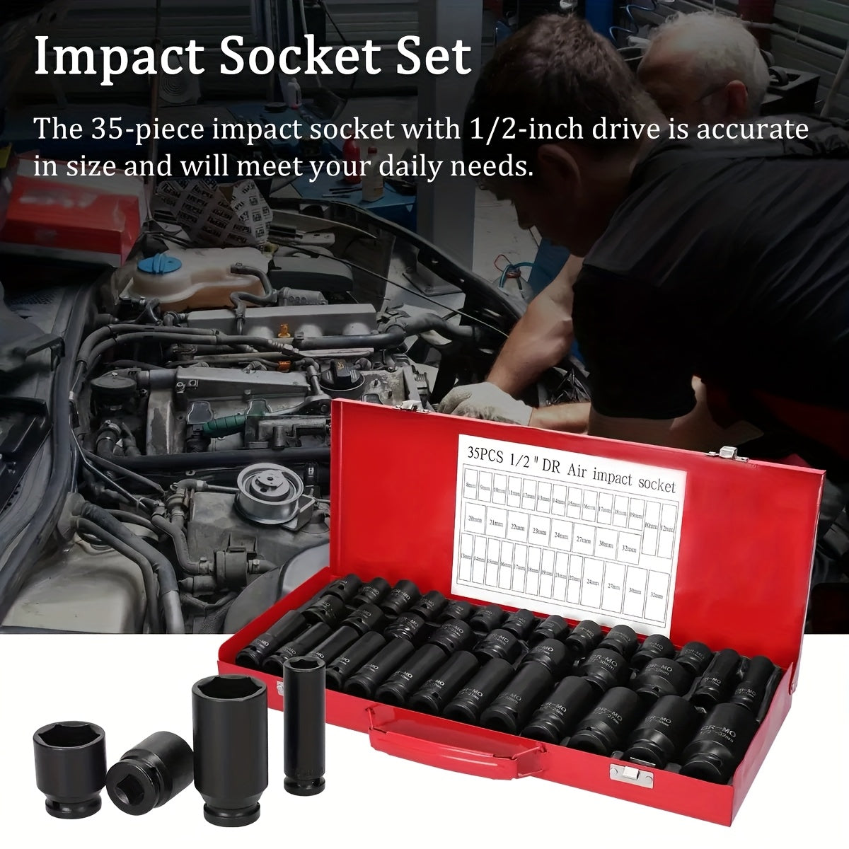 Deep Impact Socket Set 1/2" Drive 6-Point Metric 8-32mm Cr-Mo Steel for Axle Hub Nut Heavy-Duty Vehicle Repair 10 15 35-Piece with Case