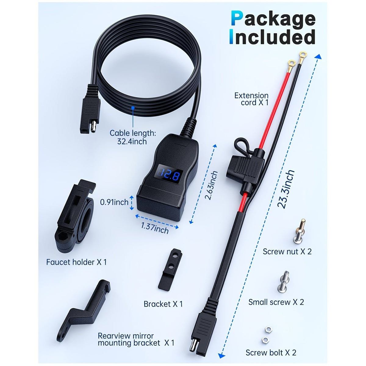 Motorcycle USB Charger Dual Port USB-C PD 20W + QC 3.0 18W Fast Charging with LED Voltmeter ON/OFF Switch SAE Connector 12-24V for Phone Tablet GPS