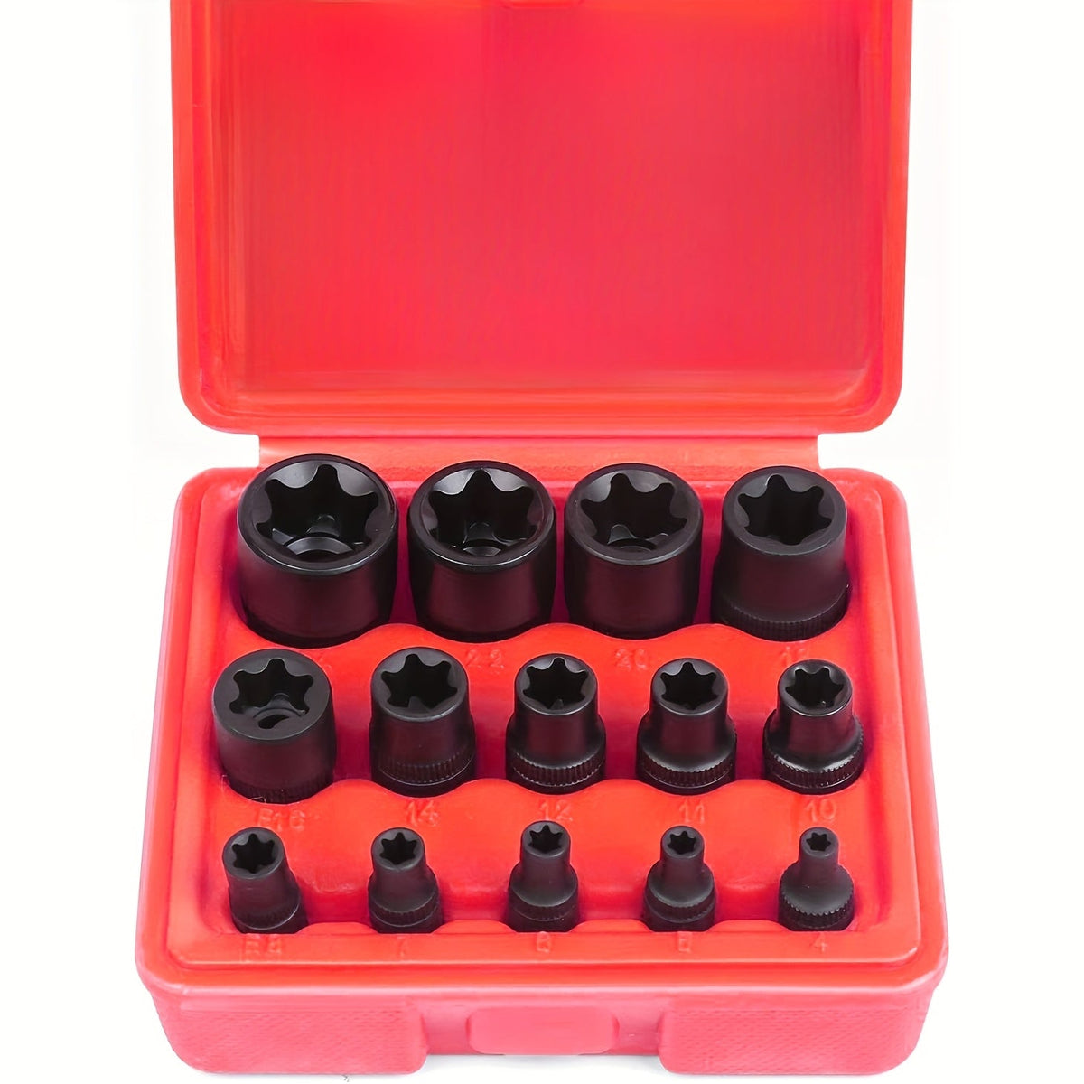 E-Torx Star Socket Set 14-Piece – 1/4", 3/8" & 1/2" Drive External Torx Sockets E4–E24 for Auto Repair & Mechanical Work