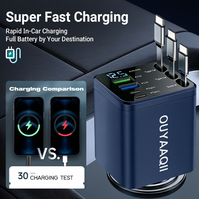 Car Charger with Retractable Cables 7-in-1, Fast Charging Multi-Port Adapter with 3 Retractable Cables & LED Digital Display, 180° Adjustable Multi-Device Charger for iPhone Android Type-C