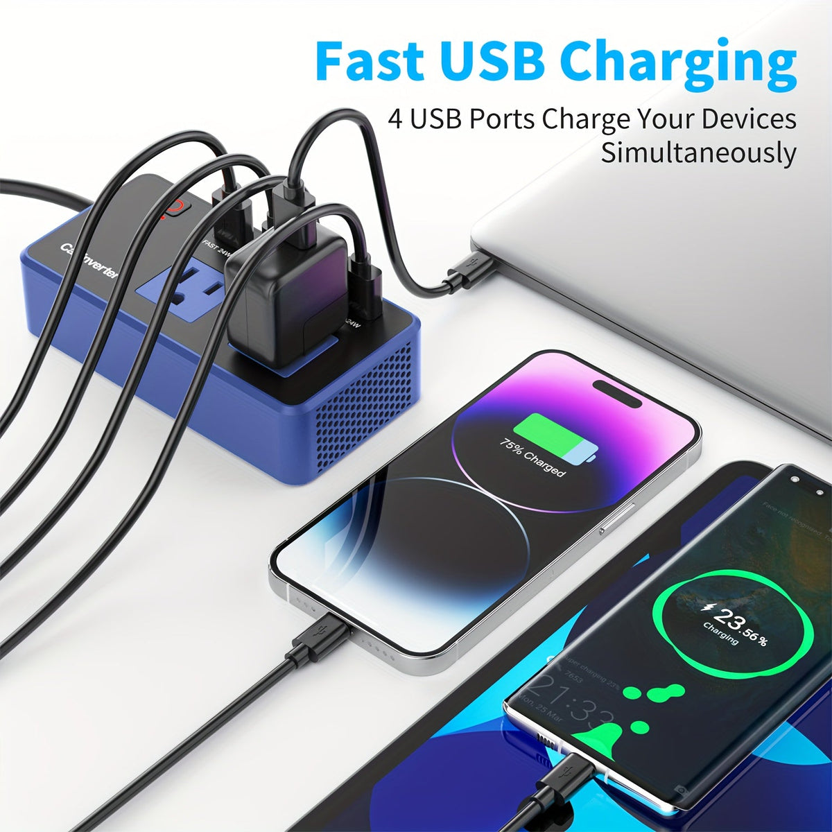 200W Car Power Inverter 12V to 110V AC | USB-C PD 24W + QC3.0 Fast Charging Dual USB Ports Vehicle Charger Adapter