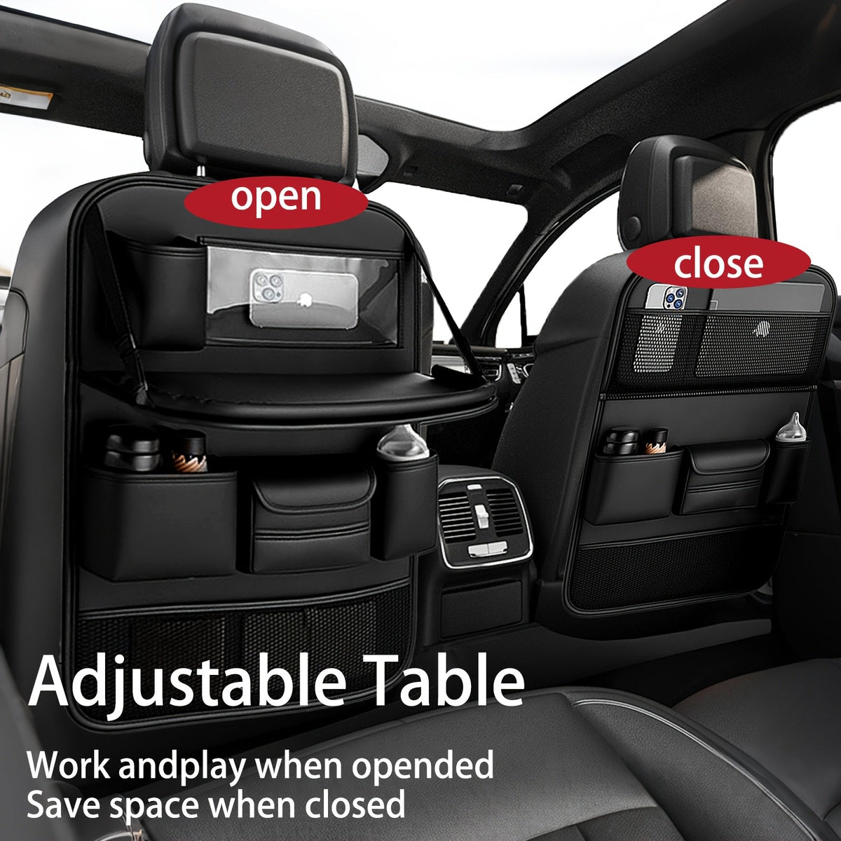 Car Backseat Organizer with Foldable Tray Table – PU Leather Kick Mat, Tablet Holder & Multi-Pocket Rear Seat Storage | Universal Fit SUV Truck