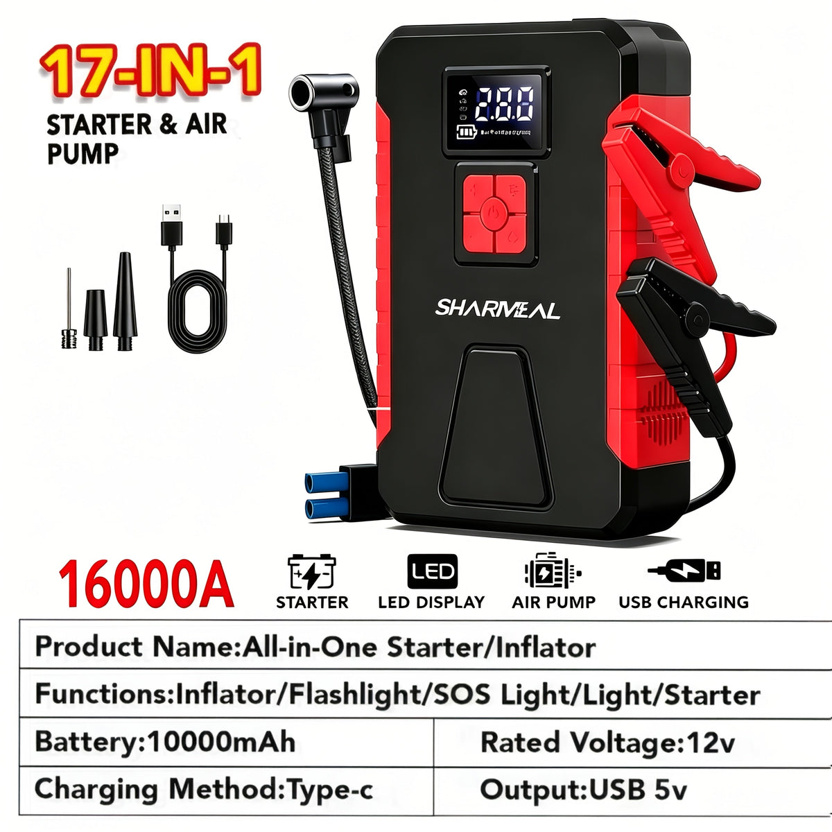 Portable Jump Starter with Air Compressor, 15000A-21000A Peak 350PSI 12V 17-in-1, Car Battery Charger with LED Light, for Cars Trucks SUVs