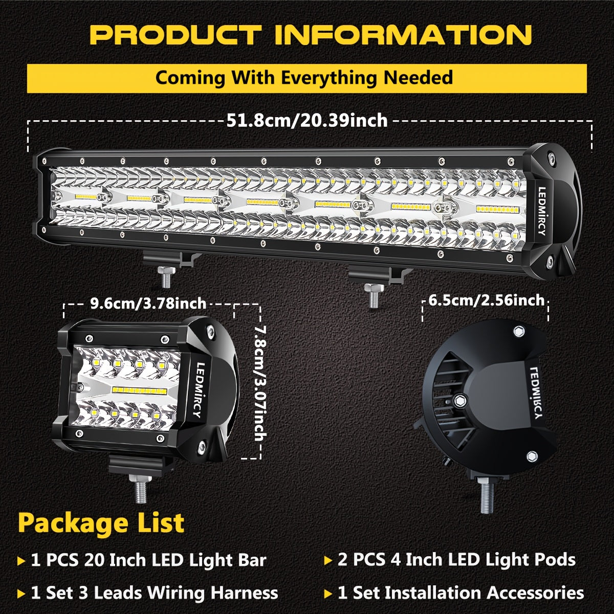 20 Inch LED Light Bar and 4 Inch LED Pods Kit, Triple Row Off Road Light Bar with Wiring Harness Rocker Switch, for UTV ATV Pickup Trucks Boat Jeep SUV
