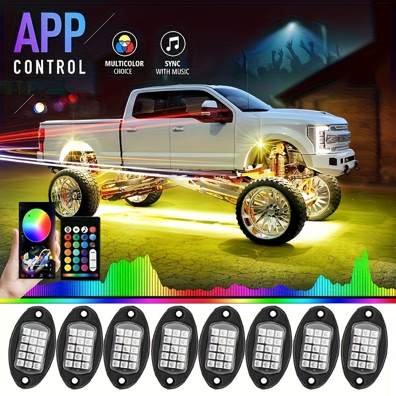 RGB LED Rock Lights 8pc or 4pc | 15 LED Per Pod App & Music Mode Underglow Kit for Trucks Jeeps UTVs SUVs Golf Carts 12V