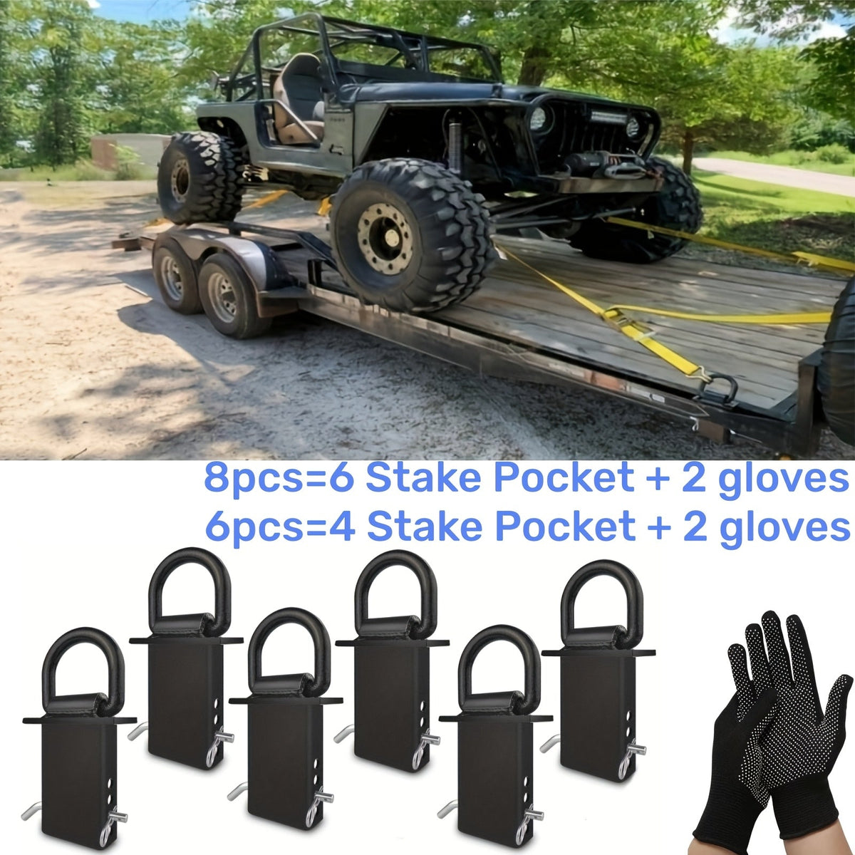 Stake Pocket D-Ring Tie Down Anchors Heavy Duty 12000LBS for Flatbed Trailer Truck Cargo – 6 or 8 Pcs with Hitch Pin & Anti-Slip Gloves