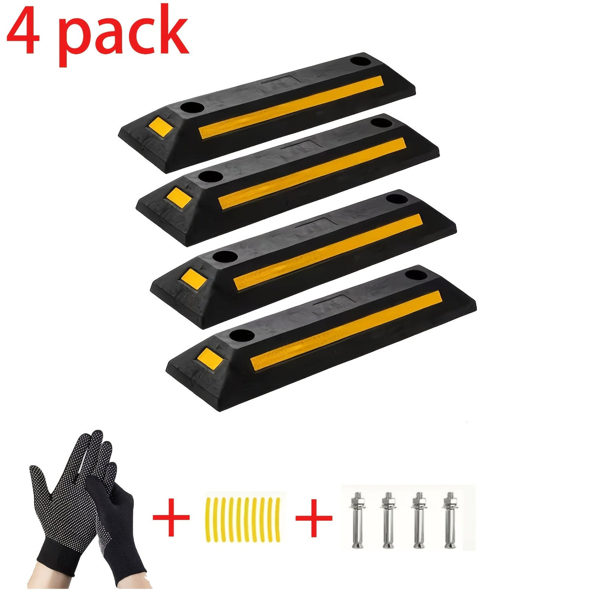 Rubber Parking Wheel Stopper 4-Pack – Heavy Duty Garage Curb Stop with Reflective Yellow Tape, Durable Car Wheel Chock for Driveway & Parking Lot