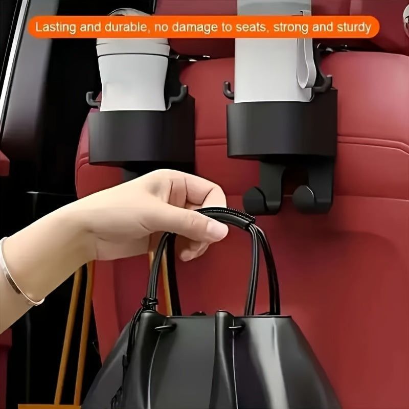 Car Headrest Hook 4 Pack 2-in-1 - Seat Back Hook with Cup Holder & Mini Trash Can, Multi-Function Auto Interior Organizer, Universal Fit