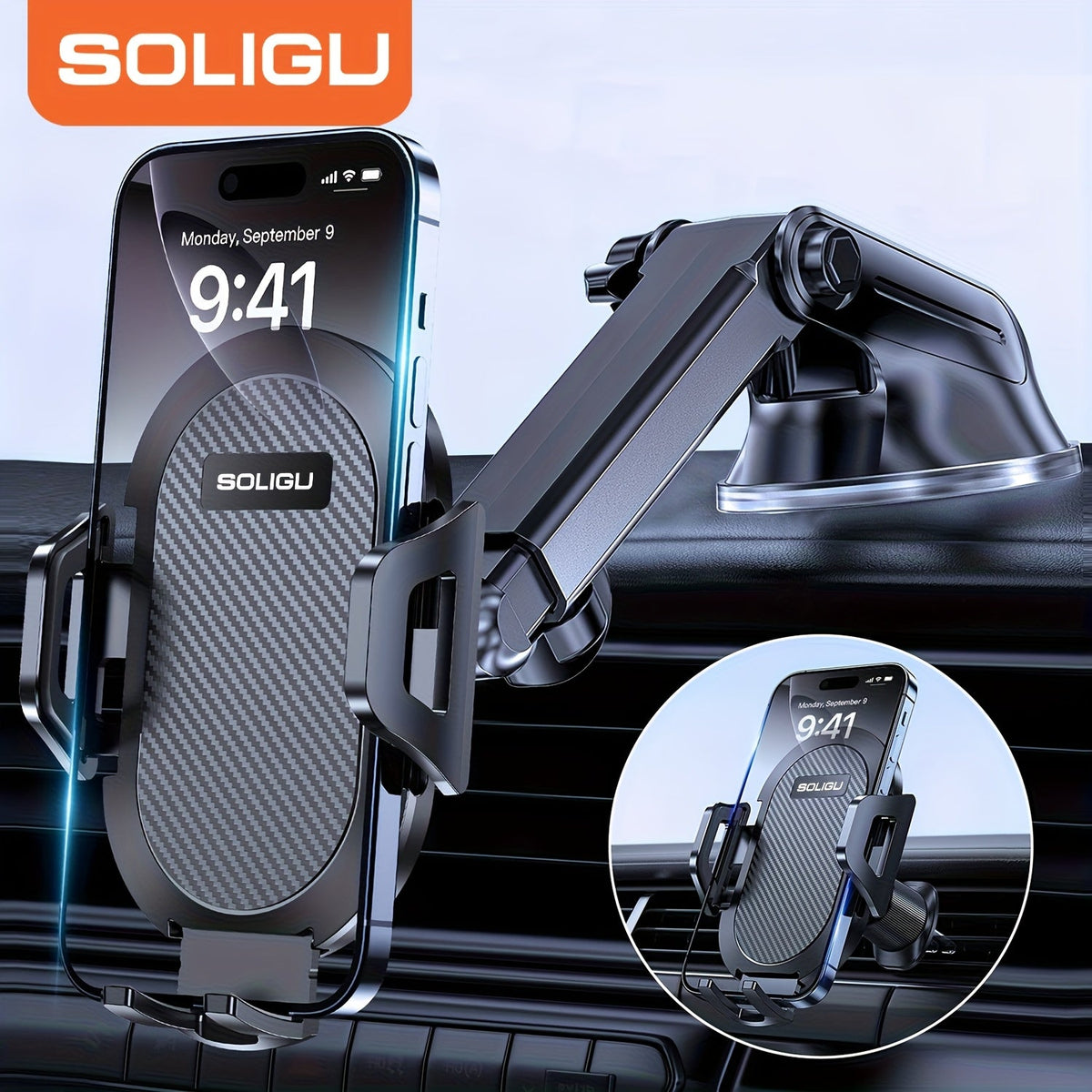 Miracase 3-in-1 Car Phone Mount, Super Suction Dashboard & Air Vent Holder, Telescopic Arm, Quick Release, Universal Fit All Phones