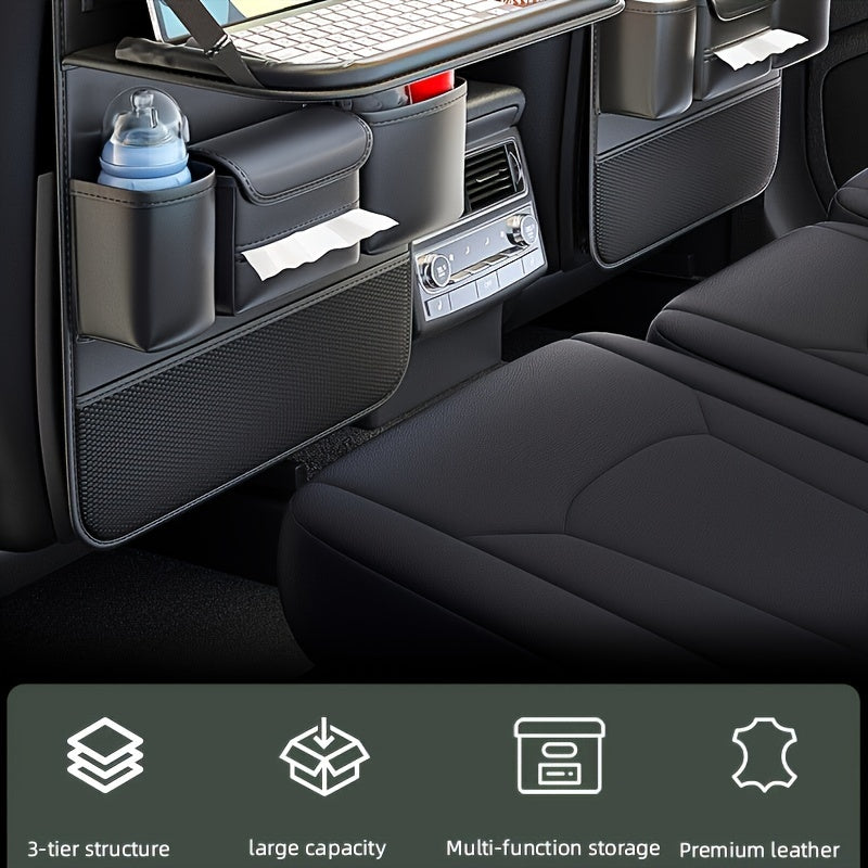 Car Seat Back Organizer with Folding Dining Table & Cup Holder – Premium PU Leather, Spacious Storage, Travel Accessories | 1pc & 2-Pack, Multi-Color