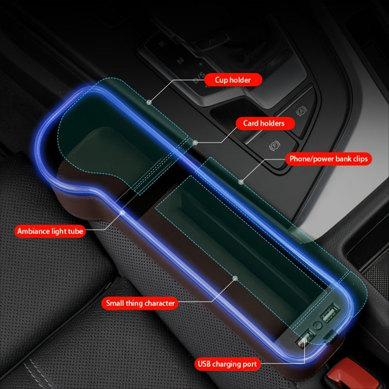 Car Seat Gap Organizer with Atmosphere Light Phone Holder Charger Slot Sundries Storage Box Car Interior Accessories Universal Fit